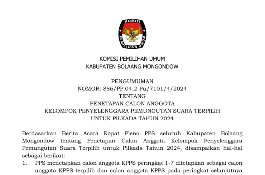  KPU Bolmong Umumkan KPPS Terpilih untuk Pilkada Tahun 2024, Berikut Lampiran Nama Peserta yang Lolos